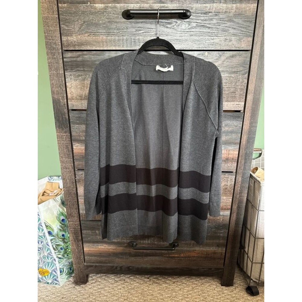 Pointelle Open Front Longline Striped Cardigan - Black and Gray